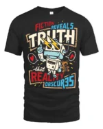 Fiction Reveals Truth Graphic T Shirt Retro Robot Philosophy Style - black t-shirt on white background