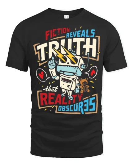 Fiction Reveals Truth Graphic T Shirt Retro Robot Philosophy Style - black t-shirt on white background