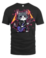 Rock Star Kitten Guitar Graphic T Shirt Cute Music Cat Style - black t-shirt on white background