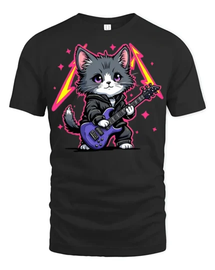 Rock Star Kitten Guitar Graphic T Shirt Cute Music Cat Style - black t-shirt on white background