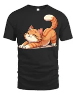 Cute Stretching Cat Graphic T Shirt Funny Relaxed Kitty Style Tee - black t-shirt on white background