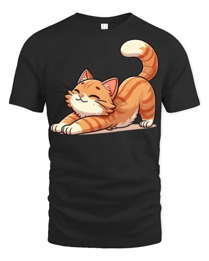 Cute Stretching Cat Graphic T Shirt Funny Relaxed Kitty Style Tee - black t-shirt on white background