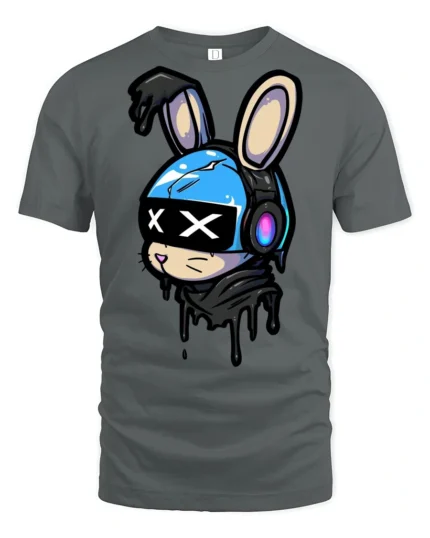 Cyber Bunny Headphones Graphic T Shirt Cute Street Art Style - gray t-shirt on white background