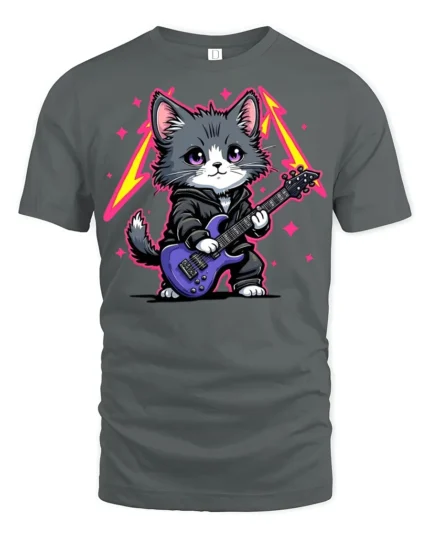 Rock Star Kitten Guitar Graphic T Shirt Cute Music Cat Style - gray t-shirt on white background