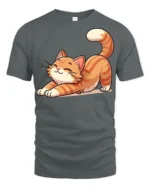 Cute Stretching Cat Graphic T Shirt Funny Relaxed Kitty Style Tee - gray t-shirt on white background