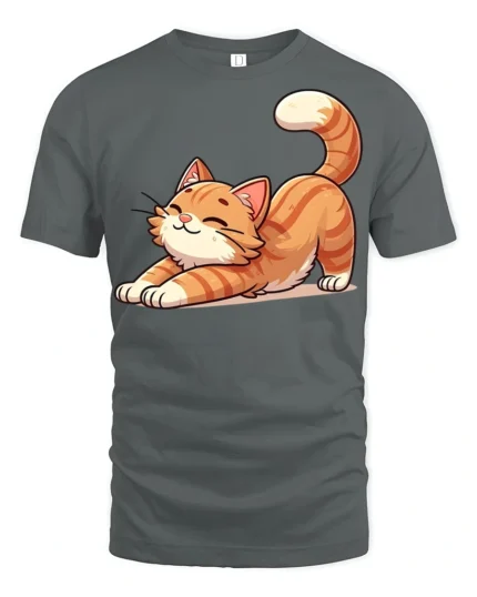 Cute Stretching Cat Graphic T Shirt Funny Relaxed Kitty Style Tee - gray t-shirt on white background