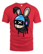 Cyber Bunny Headphones Graphic T Shirt Cute Street Art Style - red t-shirt on white background