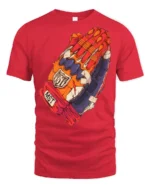 Praying Skeleton Hands Graphic T Shirt Street Art Urban Style Tee - red t-shirt on white background