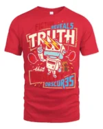 Fiction Reveals Truth Graphic T Shirt Retro Robot Philosophy Style - red t-shirt on white background