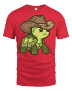 Cute Cowboy Turtle Graphic T Shirt Funny Western Animal Style Tee - red t-shirt on white background