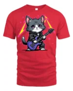 Rock Star Kitten Guitar Graphic T Shirt Cute Music Cat Style - red t-shirt on white background