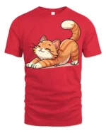 Cute Stretching Cat Graphic T Shirt Funny Relaxed Kitty Style Tee - red t-shirt on white background
