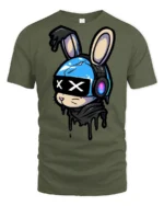 Cyber Bunny Headphones Graphic T Shirt Cute Street Art Style - military green t-shirt on white background