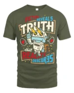 Fiction Reveals Truth Graphic T Shirt Retro Robot Philosophy Style - military green t-shirt on white background