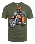 Biker Bear Motorcycle Graphic T Shirt Funny Animal Rider Style - military green t-shirt on white background