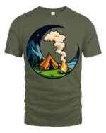 Camping Under The Moon Graphic T Shirt Nature Adventure Style Tee - military green t-shirt on white background