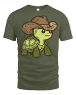 Cute Cowboy Turtle Graphic T Shirt Funny Western Animal Style Tee - military green t-shirt on white background
