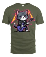 Rock Star Kitten Guitar Graphic T Shirt Cute Music Cat Style - military green t-shirt on white background