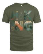 Hiking Nature Landscape Graphic T Shirt Mountain Forest Adventure Style - military green t-shirt on white background