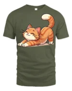 Cute Stretching Cat Graphic T Shirt Funny Relaxed Kitty Style Tee - military green t-shirt on white background
