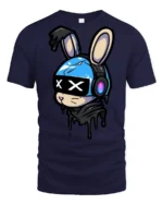 Cyber Bunny Headphones Graphic T Shirt Cute Street Art Style - navy t-shirt on white background