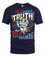 Fiction Reveals Truth Graphic T Shirt Retro Robot Philosophy Style - navy t-shirt on white background