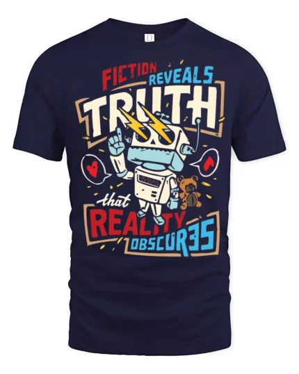 Fiction Reveals Truth Graphic T Shirt Retro Robot Philosophy Style - navy t-shirt on white background