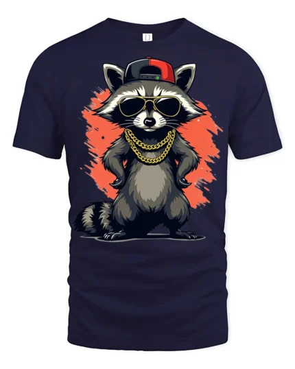 Cool Raccoon Hip Hop Graphic T Shirt Funny Streetwear Style Tee - navy t-shirt on white background