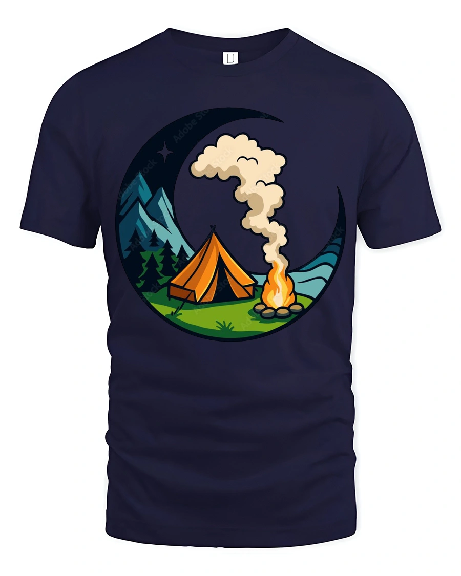 Camping Under The Moon Graphic T Shirt Nature Adventure Style Tee - 1 Camping Under The Moon Graphic T Shirt Nature Adventure Style Tee - navy t-shirt on white background