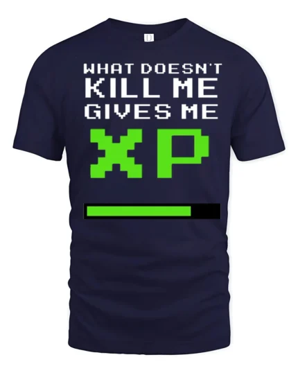 What Doesnt Kill Me Gives Me XP Funny Gamer Graphic T Shirt Retro Style - navy t-shirt on white background