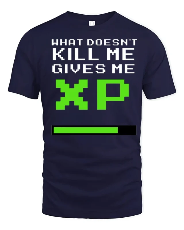 What Doesnt Kill Me Gives Me XP Funny Gamer Graphic T Shirt Retro Style - navy t-shirt on white background
