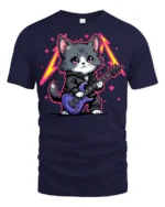 Rock Star Kitten Guitar Graphic T Shirt Cute Music Cat Style - navy t-shirt on white background