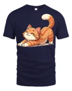 Cute Stretching Cat Graphic T Shirt Funny Relaxed Kitty Style Tee - navy t-shirt on white background