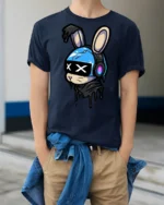 Cyber Bunny Headphones Graphic T Shirt Cute Street Art Style - model wearing navy tee with hands in pockets
