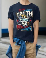 Fiction Reveals Truth Graphic T Shirt Retro Robot Philosophy Style - model wearing navy tee with hands in pockets