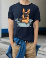 Product - model wearing navy tee with hands in pockets