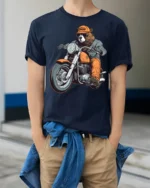 Biker Bear Motorcycle Graphic T Shirt Funny Animal Rider Style - model wearing navy tee with hands in pockets