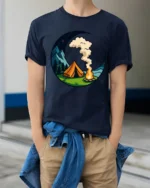 Camping Under The Moon Graphic T Shirt Nature Adventure Style Tee - model wearing navy tee with hands in pockets