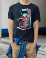Retro Arcade Machine Graphic T Shirt Vintage Gamer Classic Style Tee - model wearing navy tee with hands in pockets