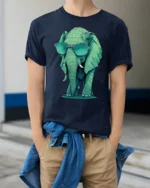 Cool Elephant Sunglasses Graphic T Shirt Funny Animal Style - model wearing navy tee with hands in pockets