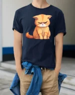 Grumpy Cute Cat Graphic T Shirt Funny Angry Kitty Mood Style Tee - model wearing navy tee with hands in pockets