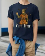 Im Fine Medieval Knight Funny Dark Humor Graphic T Shirt Vintage Style - model wearing navy tee with hands in pockets