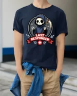 Last Responder Grim Reaper Funny EMT Paramedic Graphic T Shirt Style - model wearing navy tee with hands in pockets