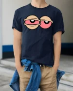 Tired Eyes Funny Cartoon T Shirt Lazy Mood Graphic Tee Style - model wearing navy tee with hands in pockets