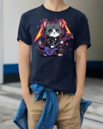 Rock Star Kitten Guitar Graphic T Shirt Cute Music Cat Style - model wearing navy tee with hands in pockets