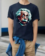 Funny Genius Scientist Cartoon T Shirt Wild Hair Smart Style - model wearing navy tee with hands in pockets