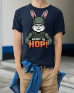 Ready To Hop Funny Military Bunny Graphic T Shirt Cute Soldier Style - model wearing navy tee with hands in pockets