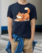 Cute Stretching Cat Graphic T Shirt Funny Relaxed Kitty Style Tee - model wearing navy tee with hands in pockets