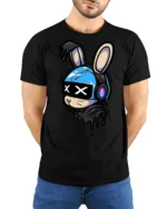 Cyber Bunny Headphones Graphic T Shirt Cute Street Art Style - model wearing black tee with hands behind back