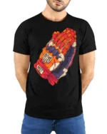 Praying Skeleton Hands Graphic T Shirt Street Art Urban Style Tee - model wearing black tee with hands behind back